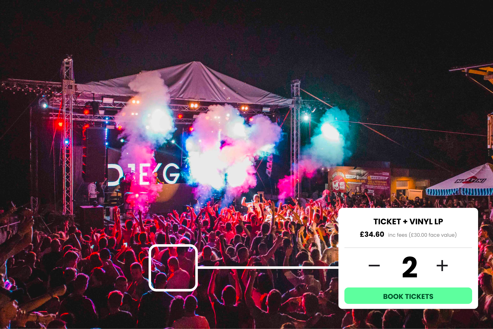 A crowd at a festival overlaid with a decorative mockup of Gigantic's ticket selection.