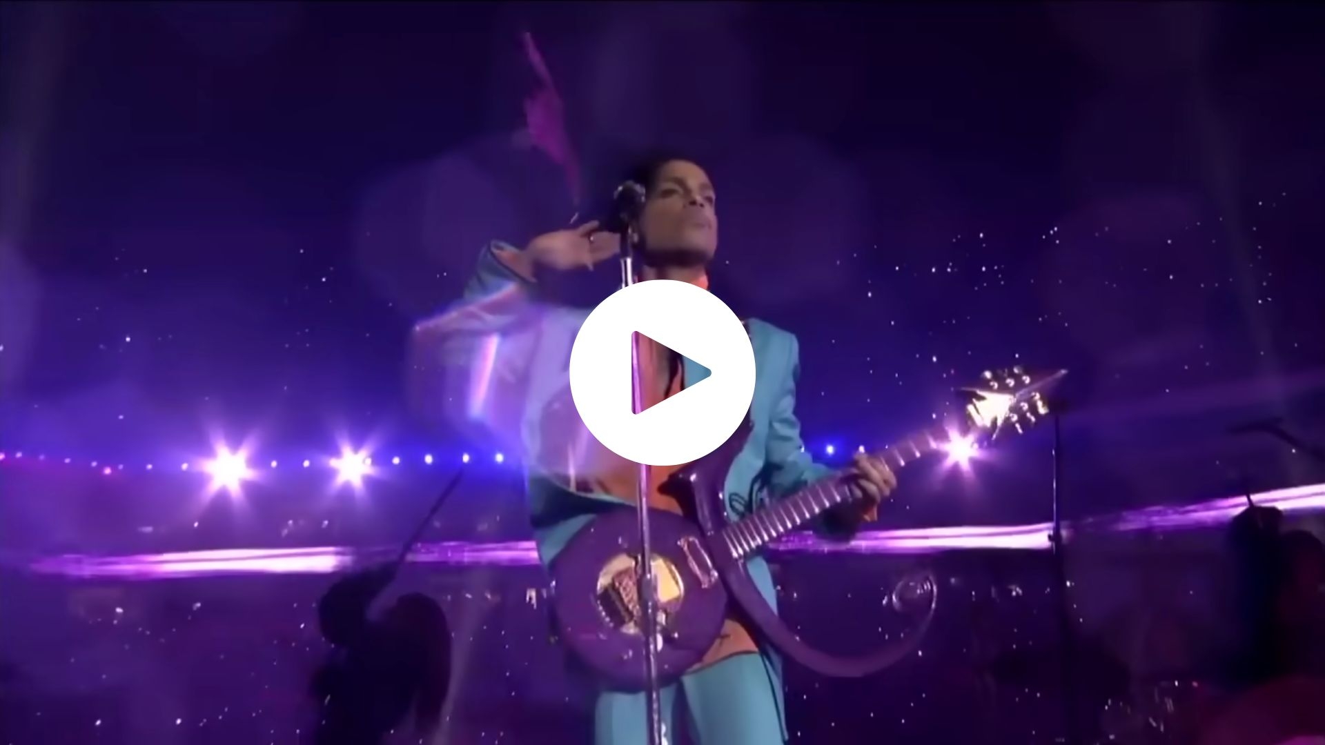 Prince performing on stage at the 2007 Super Bowl halftime show