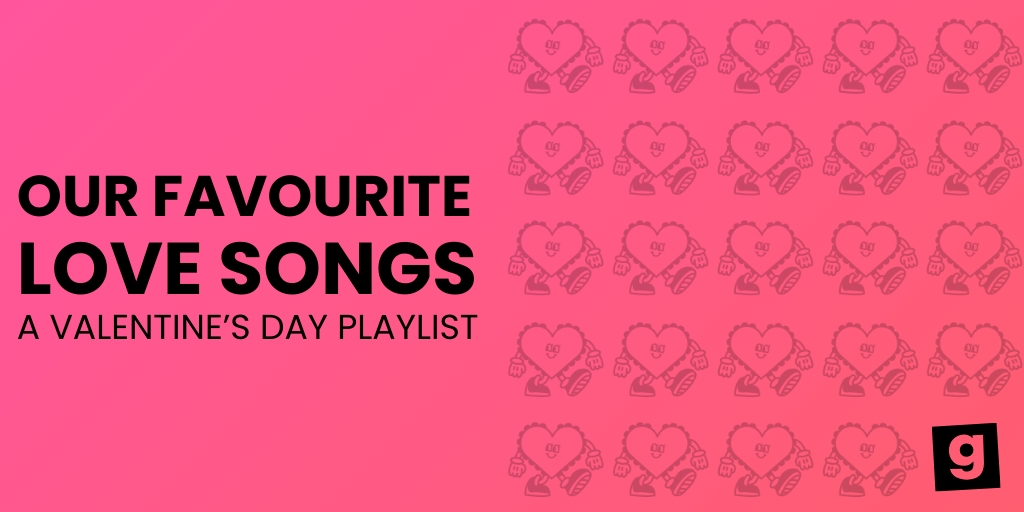 A red background with the words: our favourite love songs, a valentine's day playlist