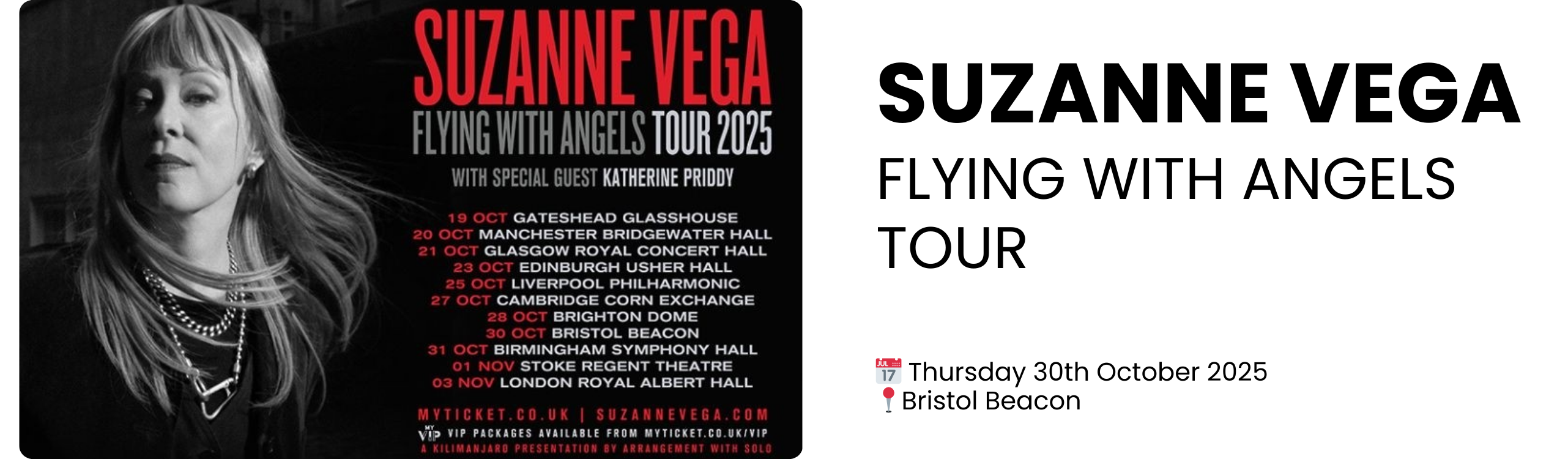 SUZANNE VEGA FLYING WITH ANGELS TOUR  📅 Thursday 30th October 2025 📍Bristol Beacon