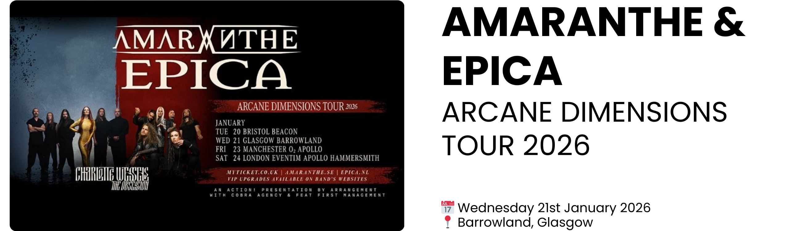 amaranthe & epica arcane dimensions tour 2026  📅 Wednesday 21st January 2026 📍 Barrowland, Glasgow