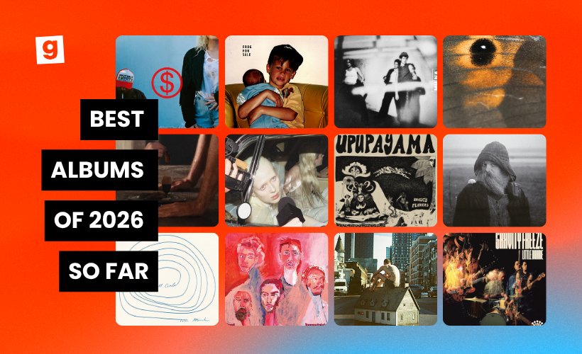 Best Albums of 2026 So Far &mdash; collage of 12 album cover artworks arranged in a grid on an orange-to-blue gradient background, with a Gigantic logo in the top left corner