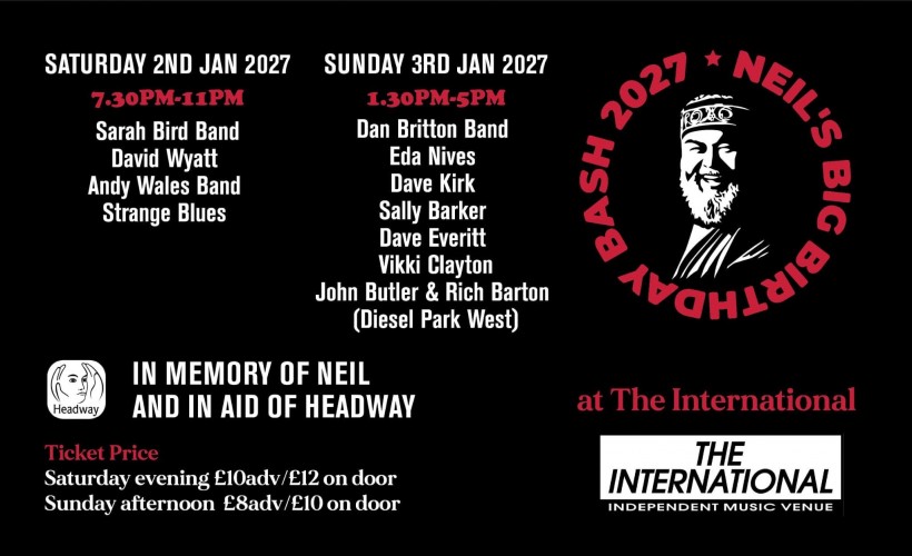 Sarah Bird Band + David Wyatt + Andy Wales Band + Strange Blues (Neil's Fundraiser for Headway)